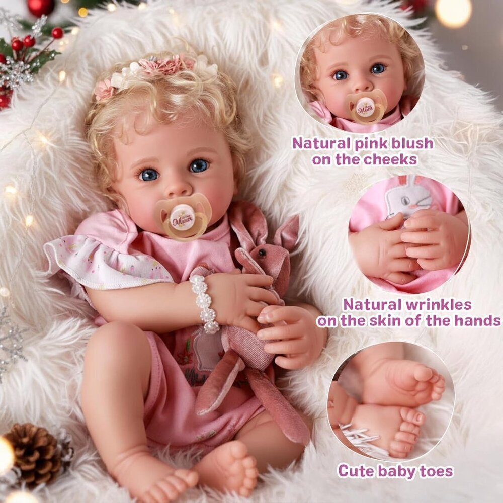 17 Inch Soft Body Realistic Girl Lovely Awake Blond Curly Hair Girl Baby Doll - Picture 2 of 9